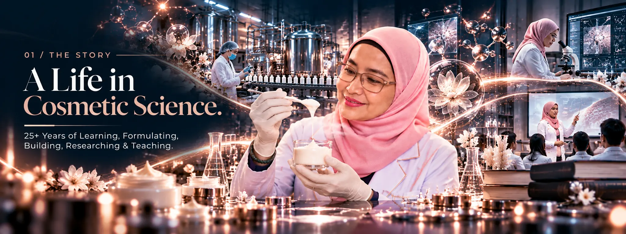 Teh Cahya mengamati krim formulasi di laboratorium, dikelilingi pabrik kosmetik, riset mikroskop, dan ruang kelas