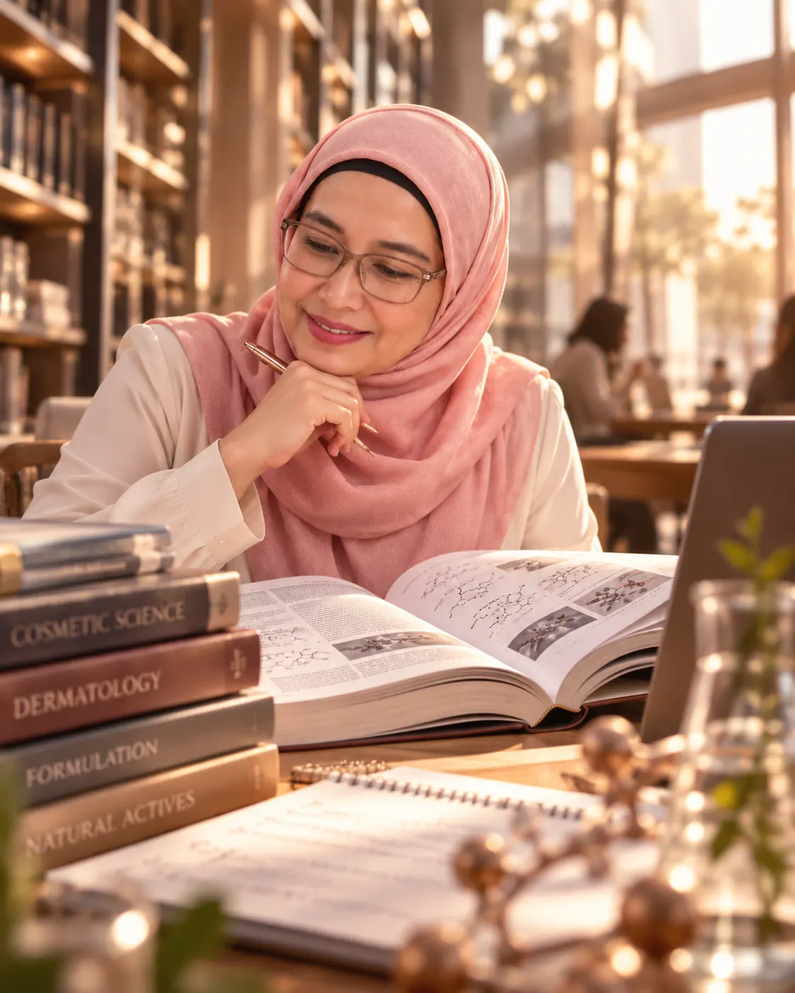 Teh Cahya belajar di perpustakaan dengan tumpukan buku cosmetic science, dermatology, formulation, dan natural actives