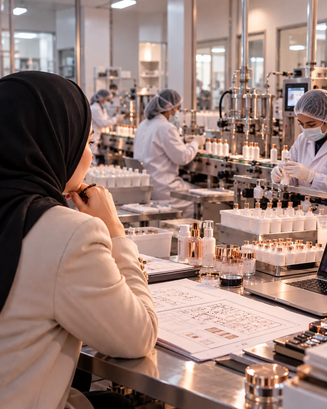 Teh Cahya mengamati lini produksi kosmetik, dengan operator berseragam steril, botol, dan dokumen tata letak di meja