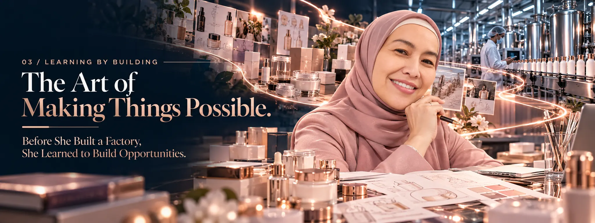 Teh Cahya tersenyum di meja pengembangan produk dengan sketsa kemasan, botol kosmetik, dan lini produksi di belakangnya