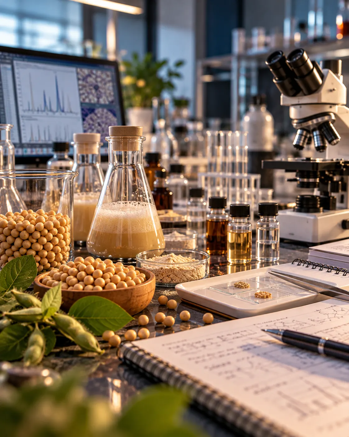 Meja riset dengan kedelai, labu erlenmeyer berisi hasil fermentasi, serbuk, mikroskop, dan grafik analisis