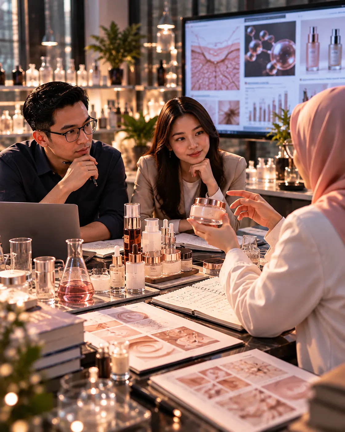 Teh Cahya memegang jar krim sambil berdiskusi dengan para profesional di forum industri kosmetik