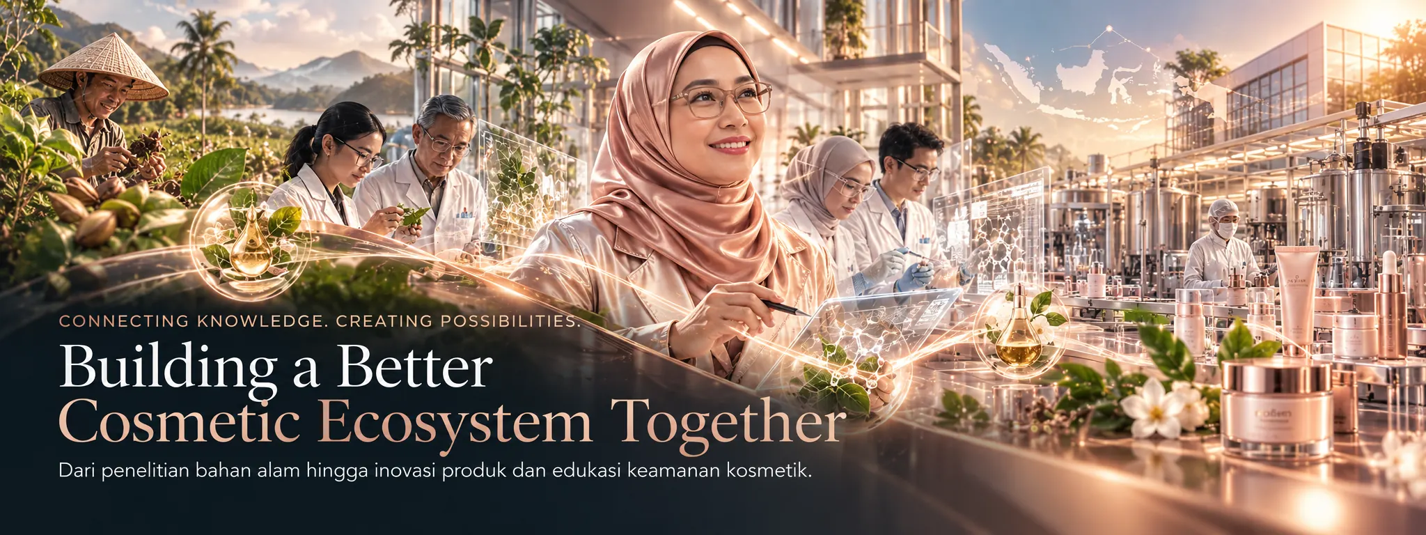 Teh Cahya dikelilingi petani bahan alam, peneliti di laboratorium, dan fasilitas manufaktur kosmetik di depan peta Indonesia