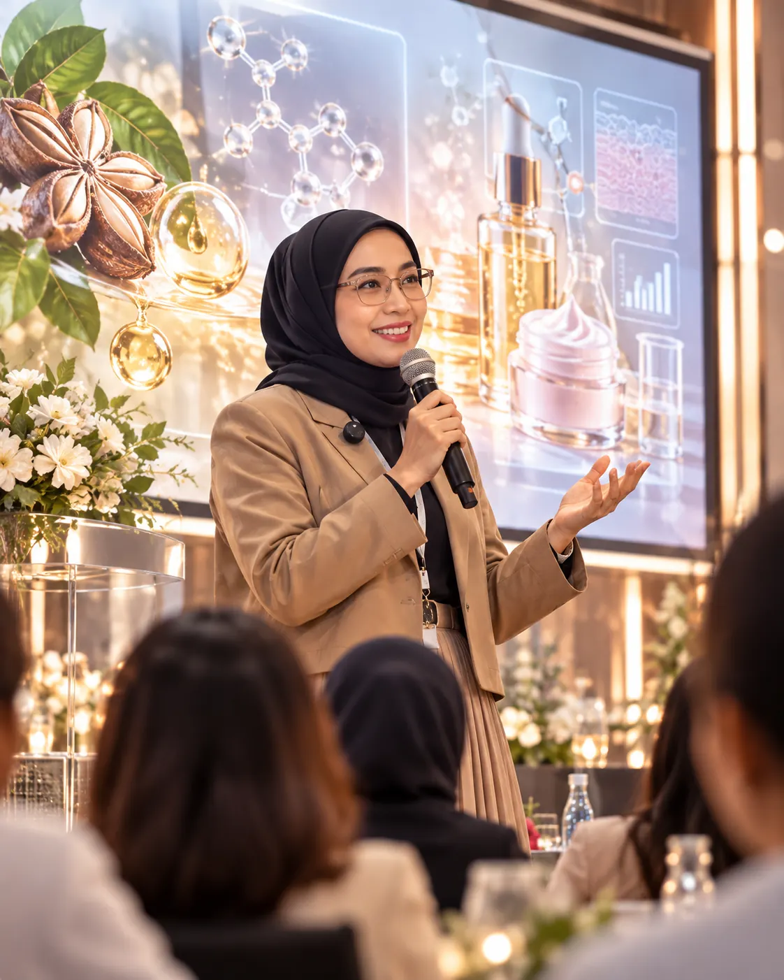 Teh Cahya berbicara sebagai pembicara di depan layar presentasi tentang bahan dan formulasi kosmetik