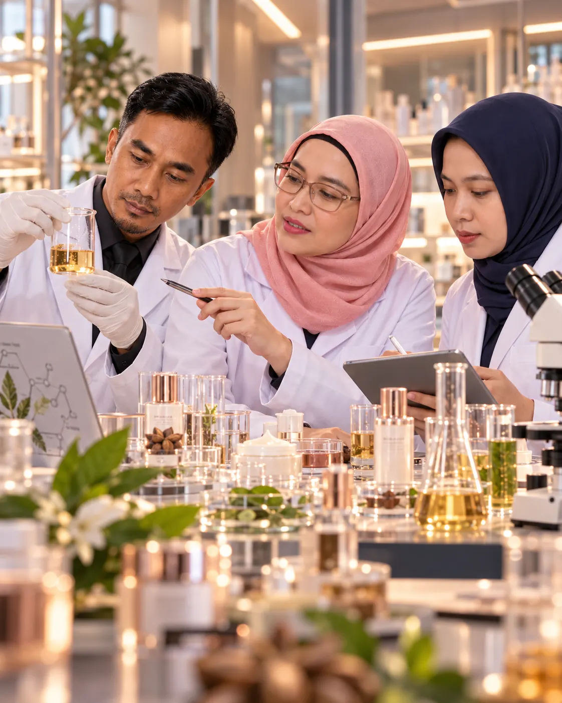Teh Cahya berdiskusi dengan dua peneliti di laboratorium, dikelilingi bahan alam dan sampel kosmetik