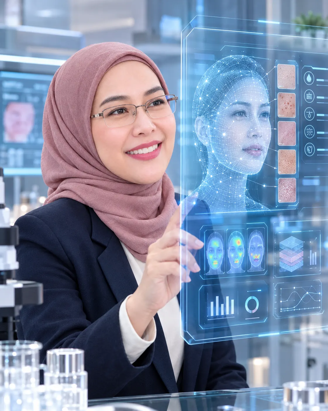 Teh Cahya menyentuh layar hologram analisis kulit wajah dengan peta kondisi kulit dan parameter perawatan