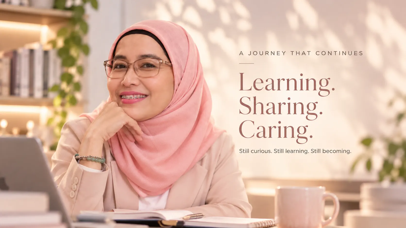 Teh Cahya tersenyum di meja kerja: Learning. Sharing. Caring. A journey that continues. Still curious. Still learning. Still becoming.