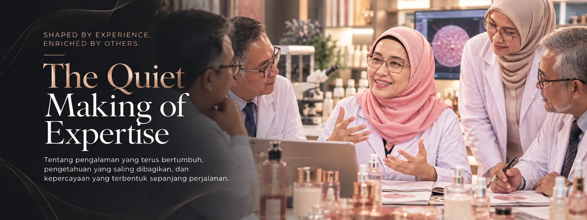 Teh Cahya berdiskusi dengan para profesor dan peneliti di meja laboratorium kosmetik
