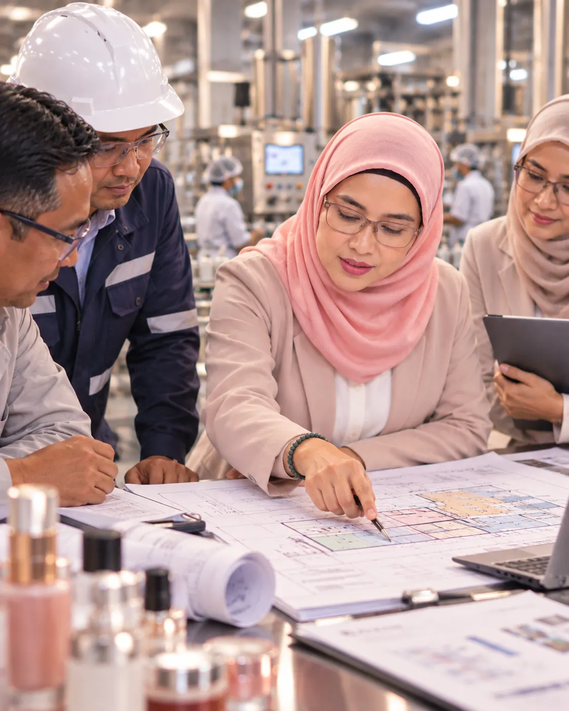 Teh Cahya menunjuk denah fasilitas produksi bersama para pelaku manufaktur di pabrik kosmetik