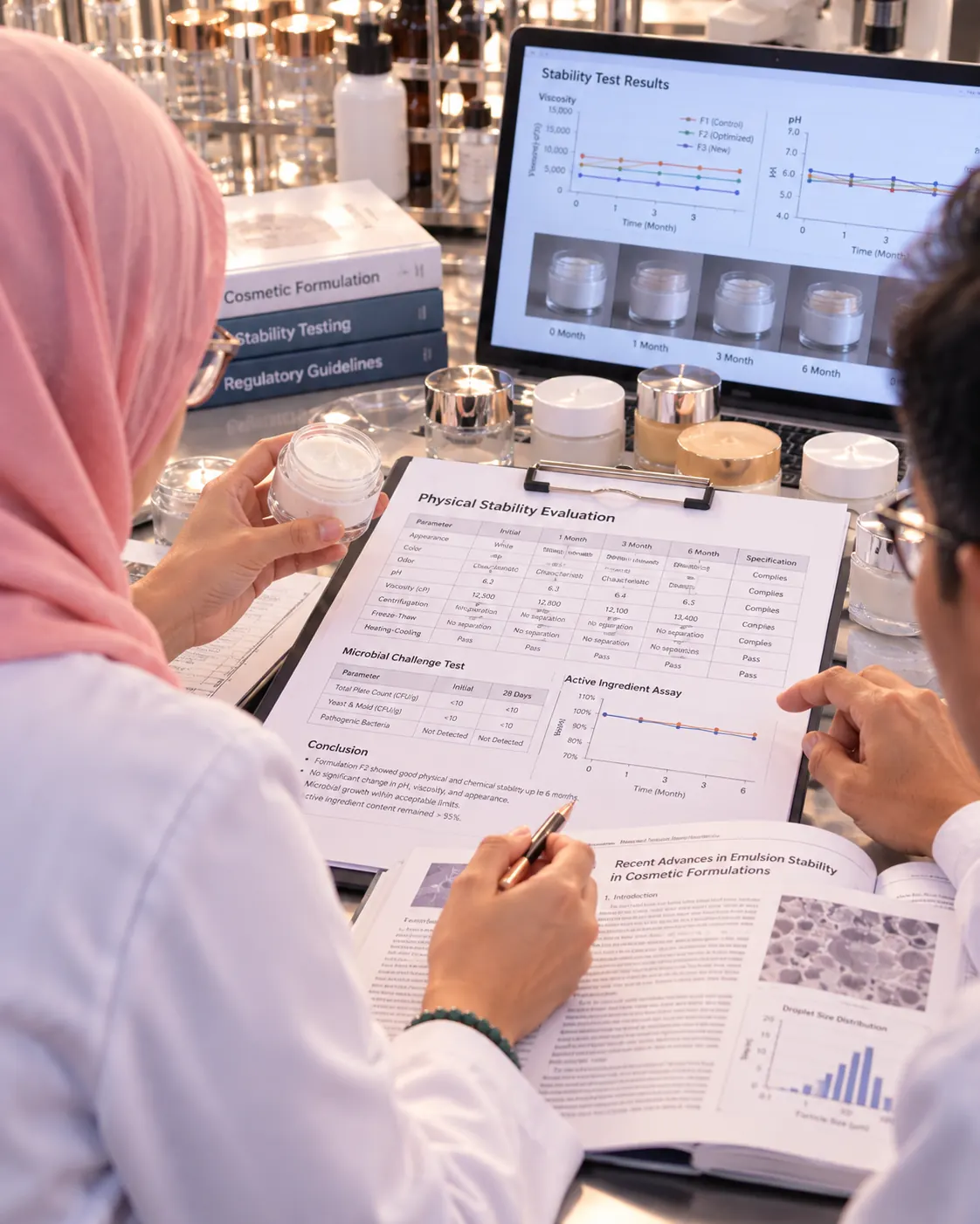 Dua profesional membaca hasil uji stabilitas formulasi pada lembar evaluasi dan layar laptop