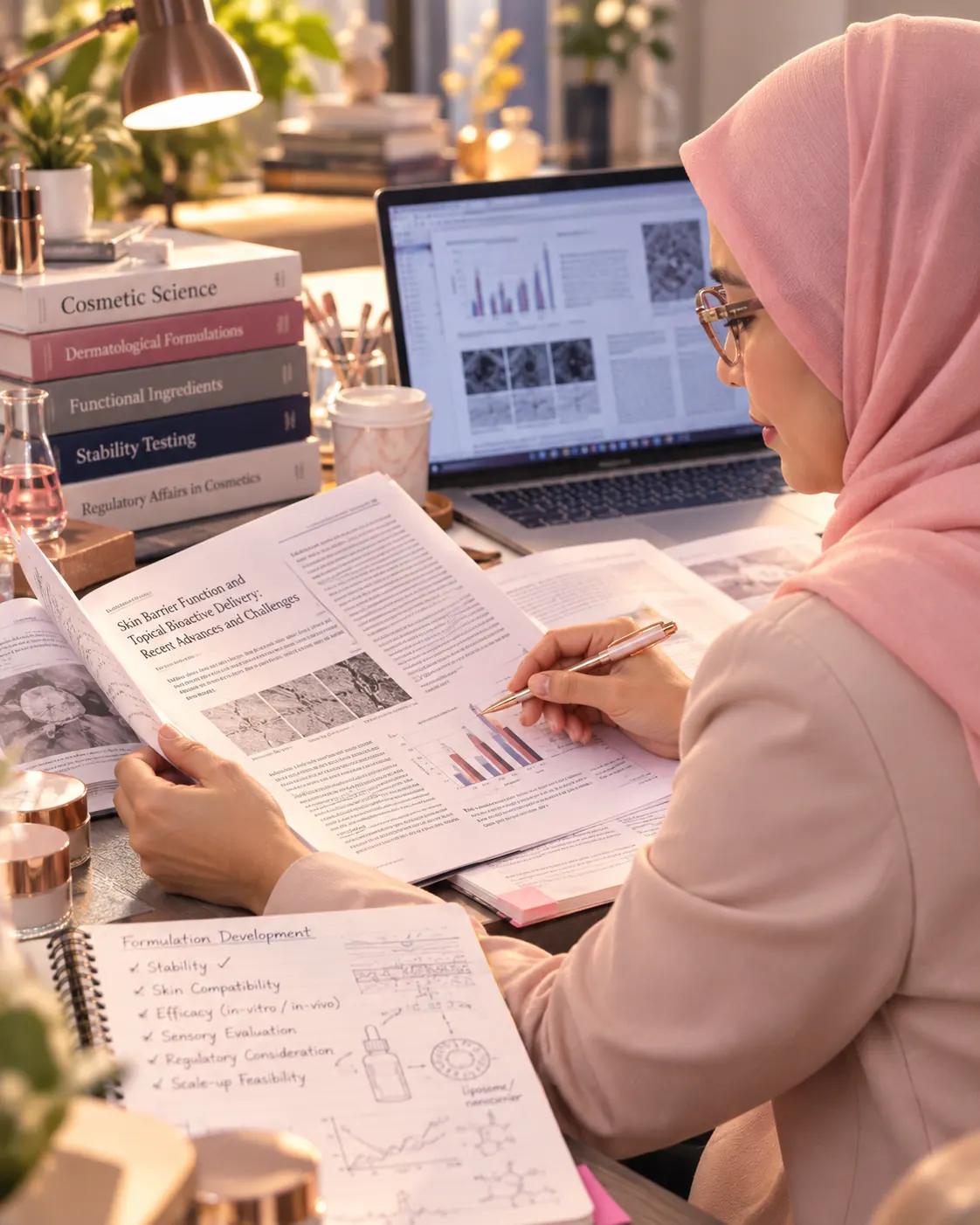 Teh Cahya membaca jurnal dan mencatat tahapan pengembangan formulasi di meja kerja dengan tumpukan buku kosmetik