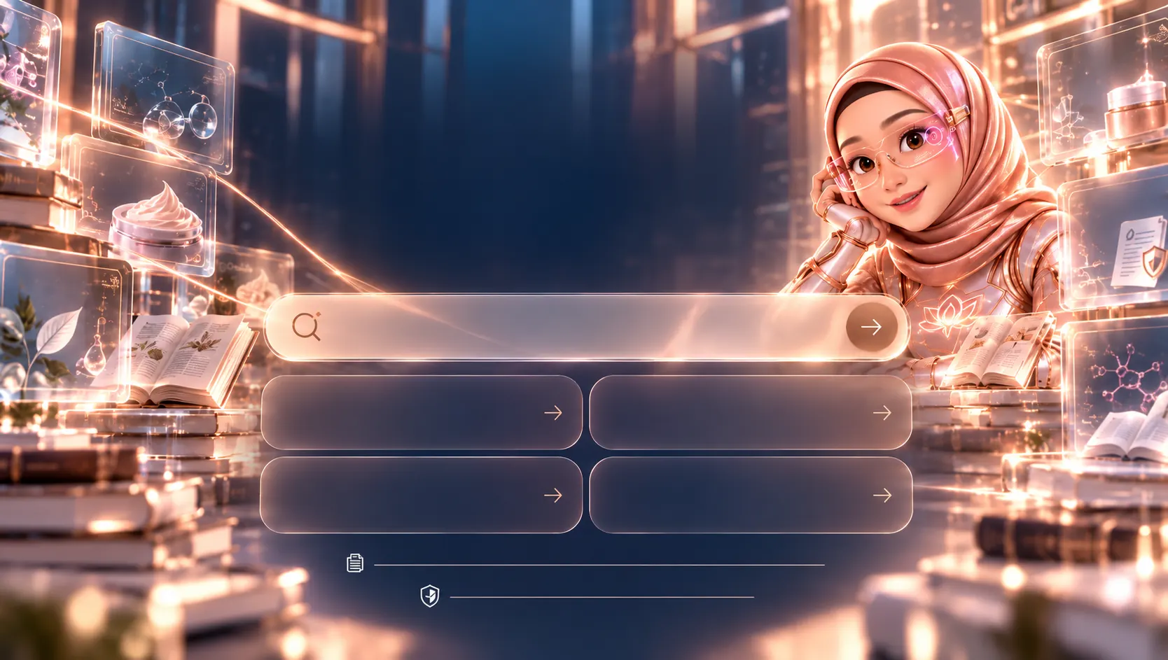 AIRA, AI smart assistant, bersandar di antara tumpukan buku dan kartu hologram cosmetic science, formulation, ingredients, regulation, dan books & knowledge