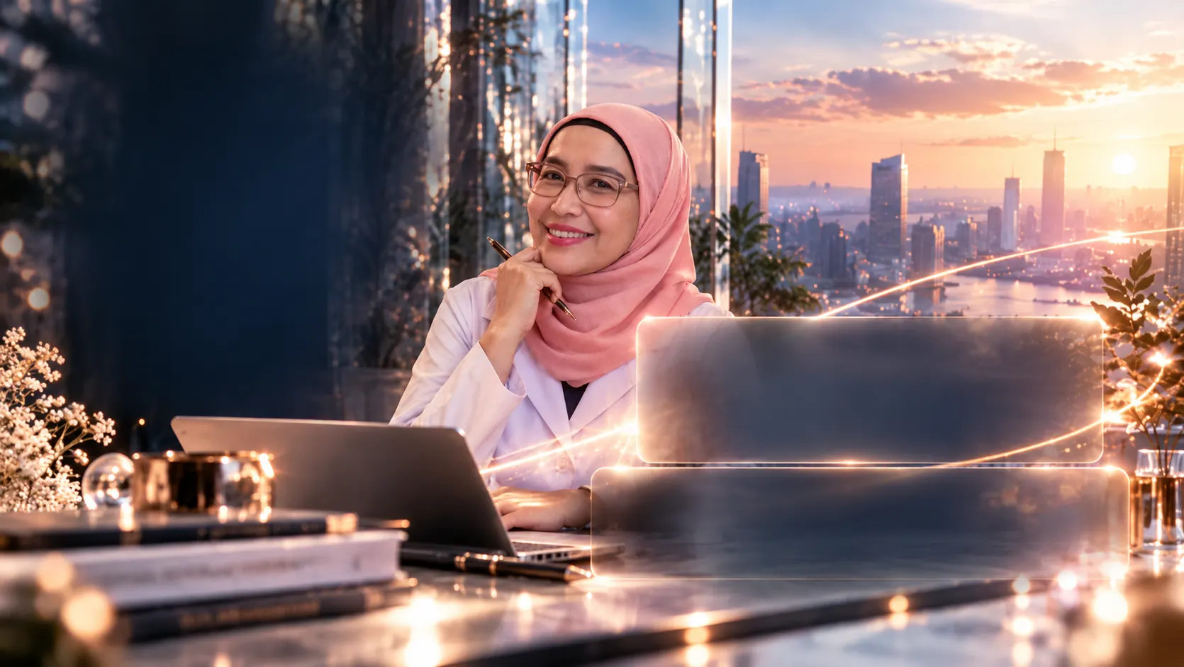 Teh Cahya tersenyum di meja kerja dengan laptop, latar kota saat matahari terbenam