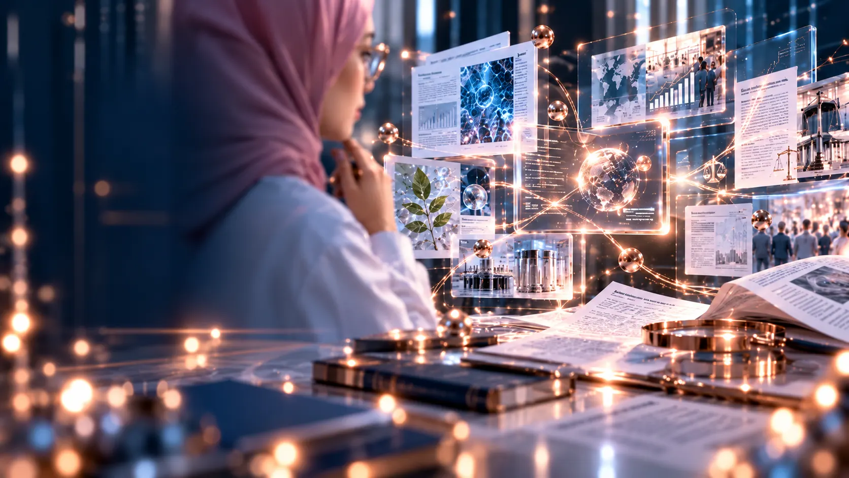Peneliti merenung di depan panel hologram berisi paper ilmiah, data pasar, regulasi, dan bahan kosmetik
