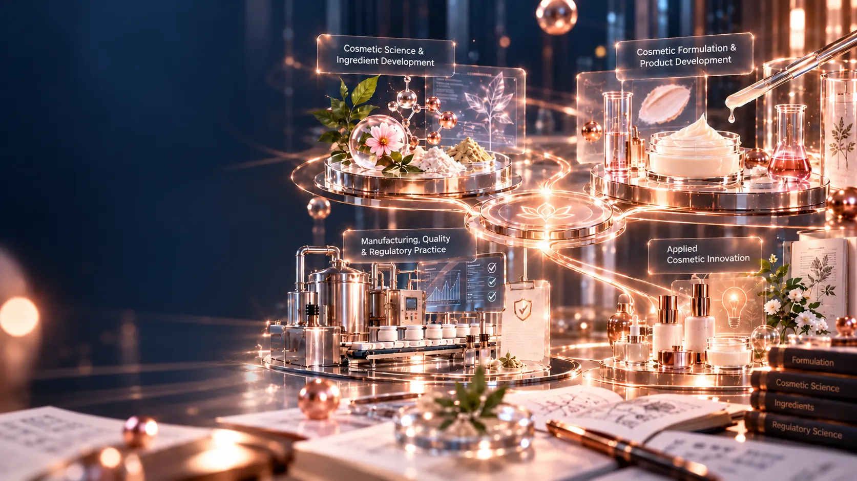 Empat wilayah keahlian yang saling terhubung: cosmetic science dan ingredient development, cosmetic formulation dan product development, manufacturing, quality dan regulatory practice, serta applied cosmetic innovation