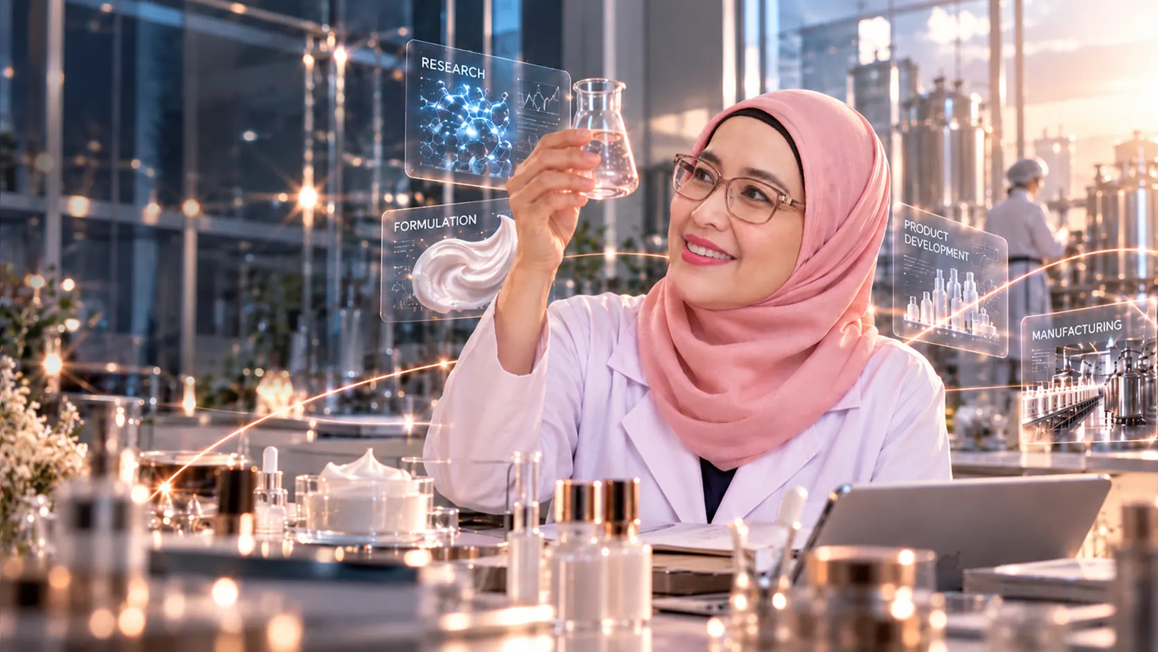 Apt. Cahya Khairani Kusumawulan mengamati labu erlenmeyer di laboratorium formulasi