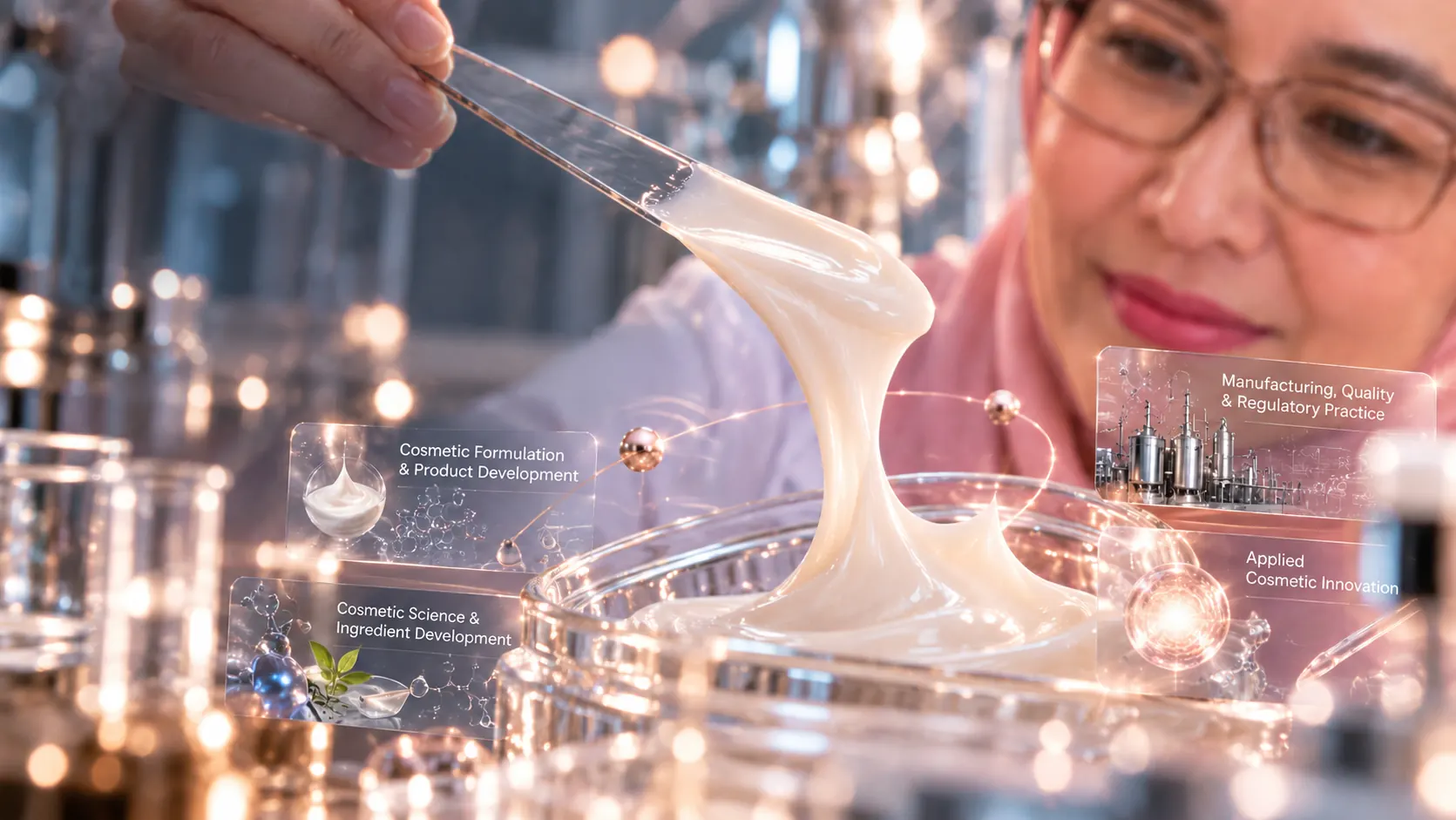Krim kosmetik yang diangkat dengan spatula kaca di meja formulasi