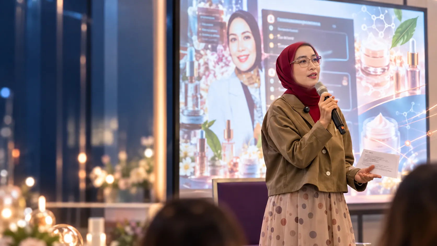 Teh Cahya berbicara sebagai pembicara di CosmoBeauté Indonesia 2026