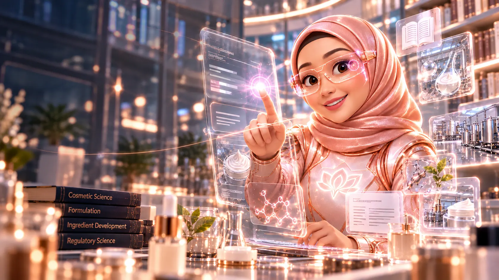 Karakter AIRA, AI smart assistant, dengan antarmuka hologram dan buku cosmetic science