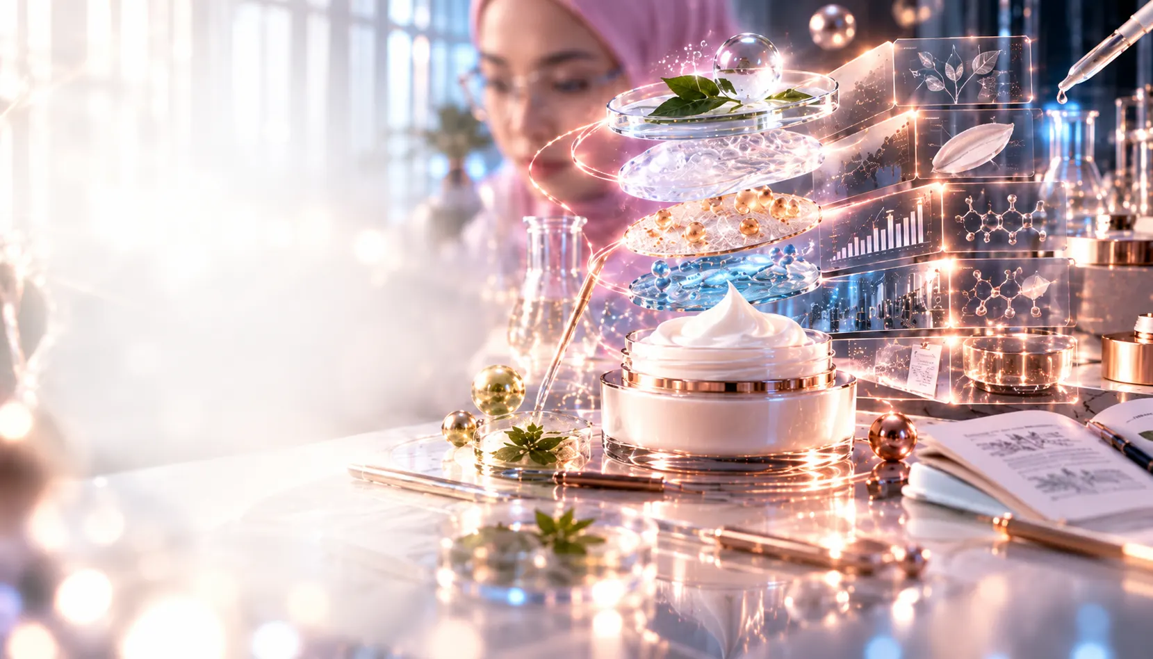 Krim kosmetik dengan lima lapisan bahan melayang di atasnya dan panel hologram data ilmiah di kanan