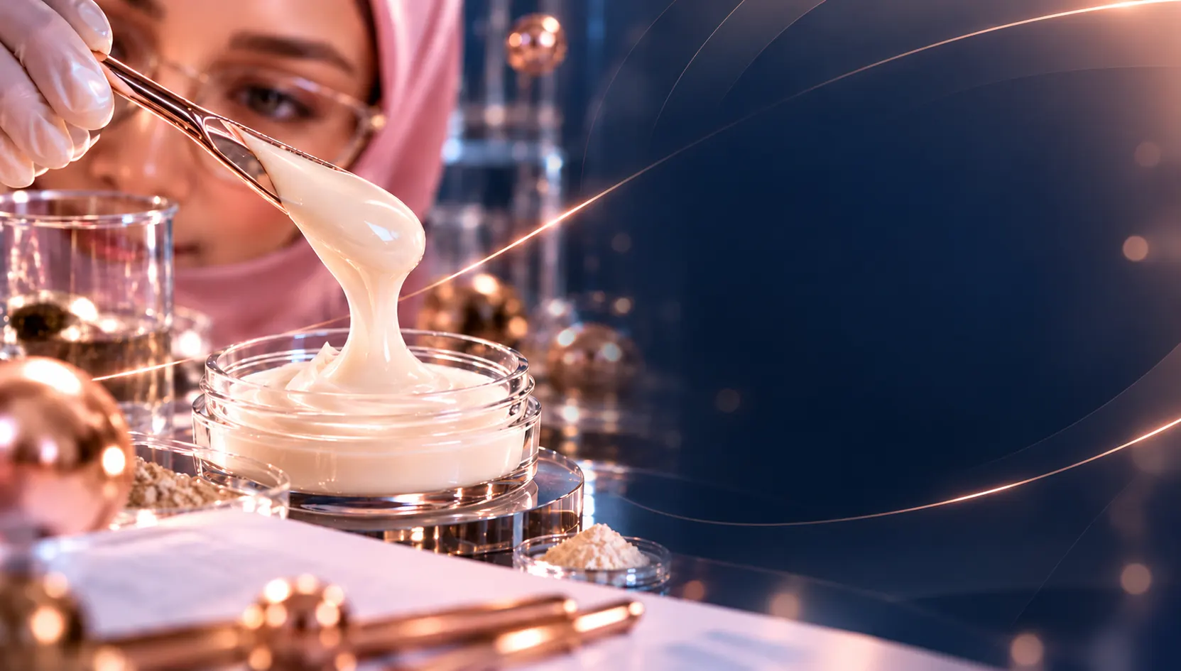 Teh Cahya memeriksa krim kosmetik yang diangkat dengan spatula di meja formulasi